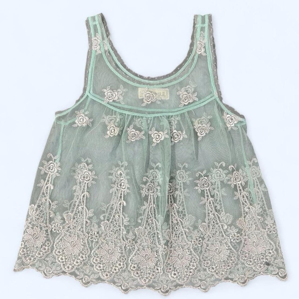 Sheer Embroidered Tank Top XS Abercrombie Green Blue Fairycore Metallic Silver